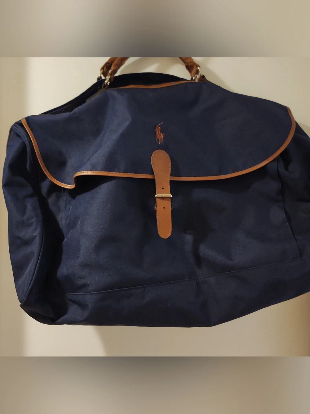 Ralph Lauren Navy Canvas Duffel with Brown Leather Trim- no shoulder strap